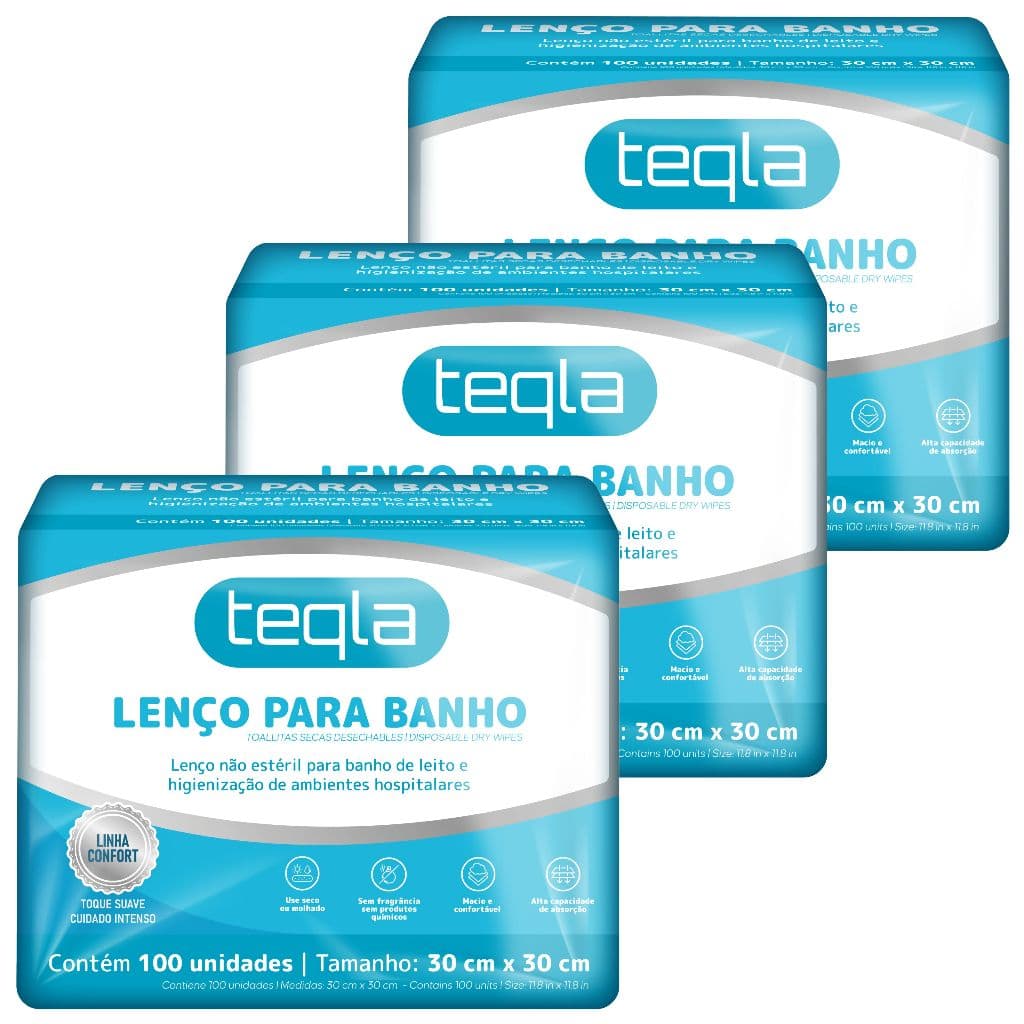 Lenço de Banho Descartável Teqla - Kit 300 Unidades (30 cm x 30 cm) - Linha Confort