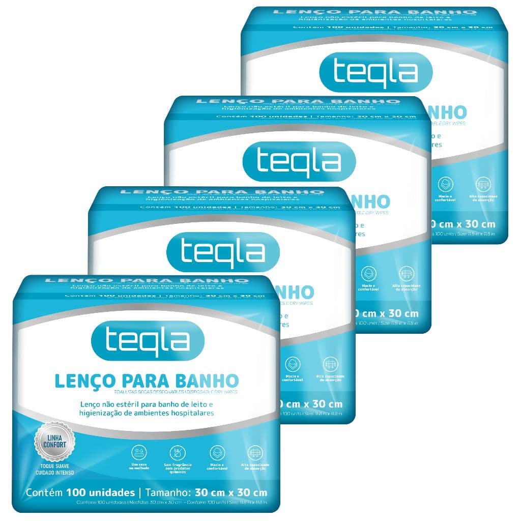 Lenço de Banho Descartável Teqla - Kit 400 Unidades (30 cm x 30 cm) - Linha Confort