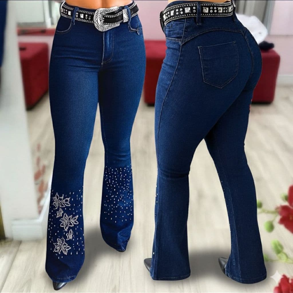Calça Country Flare Jeans Feminina Flor e Pedraria Escura Cintura Alta Brilhos Luxo Rodeio Cavalgada