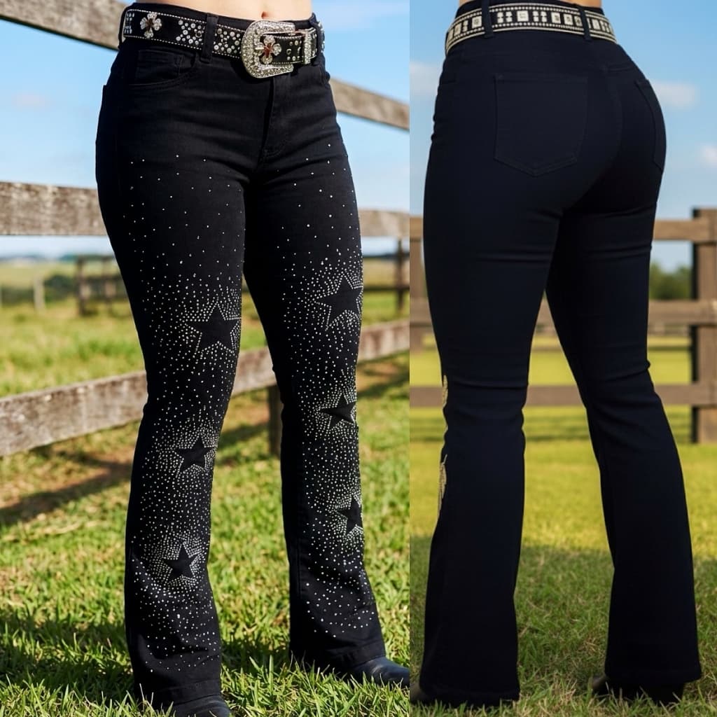 Calça Country Flare Jeans Feminina Estrelada Preta Cintura Alta com Brilhos Luxo Rodeio Cavalgada