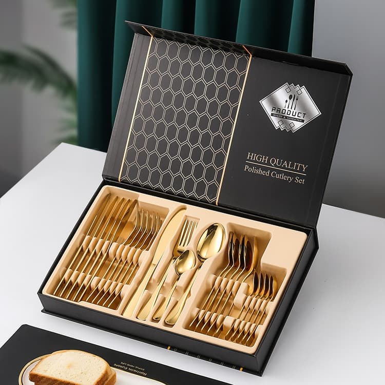 Jogo/KIT Talheres Faqueiro Inox Dourado Polidos de Alta Qualidade 24 Peças Premium Luxo Com Maleta