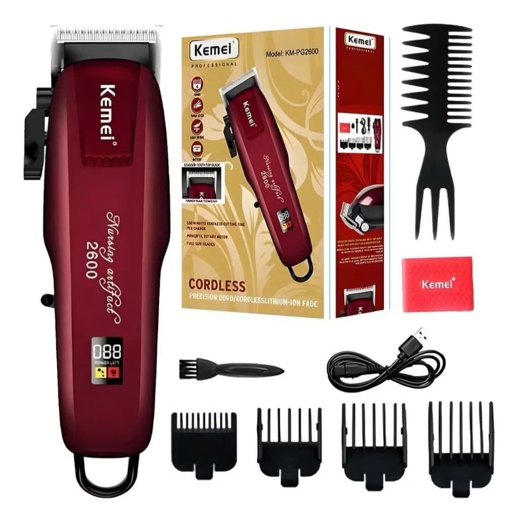 Cortador de Cabelo Profissional Kemei KM-PG2600 - Bivolt, Sem Fio, Visor LCD