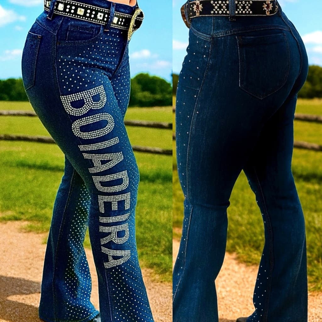 Calça Country Flare Jeans Feminina Boiadeira Escura Cintura Alta Brilhos de Luxo Rodeio Vaquejada