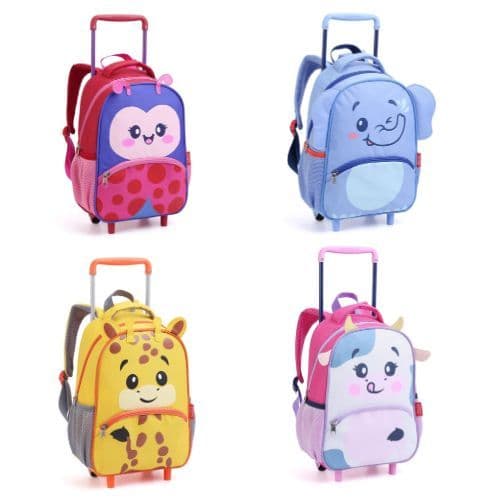 Mochila Infantil Zoop Com Rodas e Costas Seanite 13'' Polegadas Estampas Elefante Girafa Vaca e Joaninha