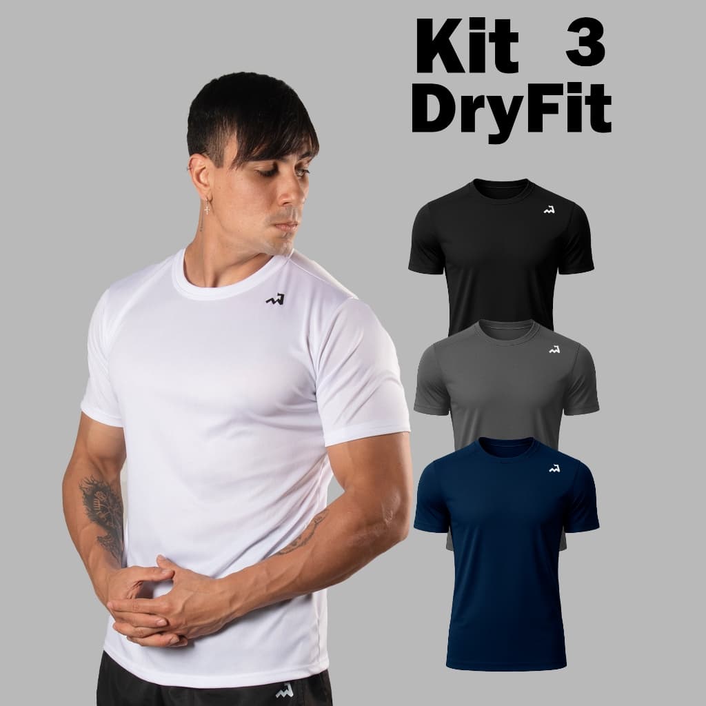 Kit 3 Camiseta Dry Fit Masculina Fitness Academia Corrida Cross Poliester Premium Esporte Anti Suor