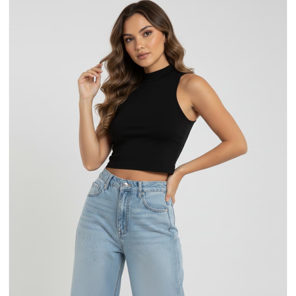 Cropped Feminino Regata Gola Alta sem Manga Top - Moda Gringa