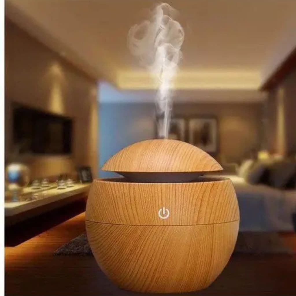 Umidificador de Ar Silencioso Difusor de Aromas 130ml USB Design Madeira Quarto de Bebe Escritório