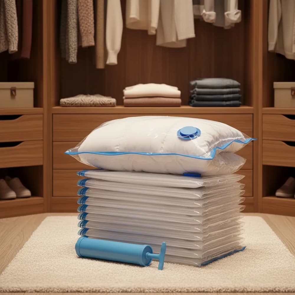 Kit Sacos Organizadores a Vácuo 50x60 Roupa Edredom Enxoval Viagem Mala Com Bomba Manual Sucção Ganhe Espaço Reutilizáve