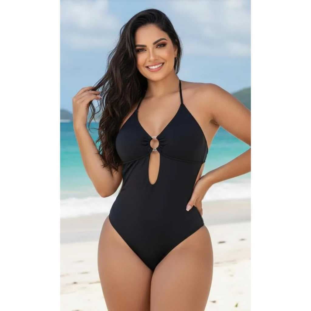Maiô Com Bojo Preto Feminino modela Cintura Com Argola