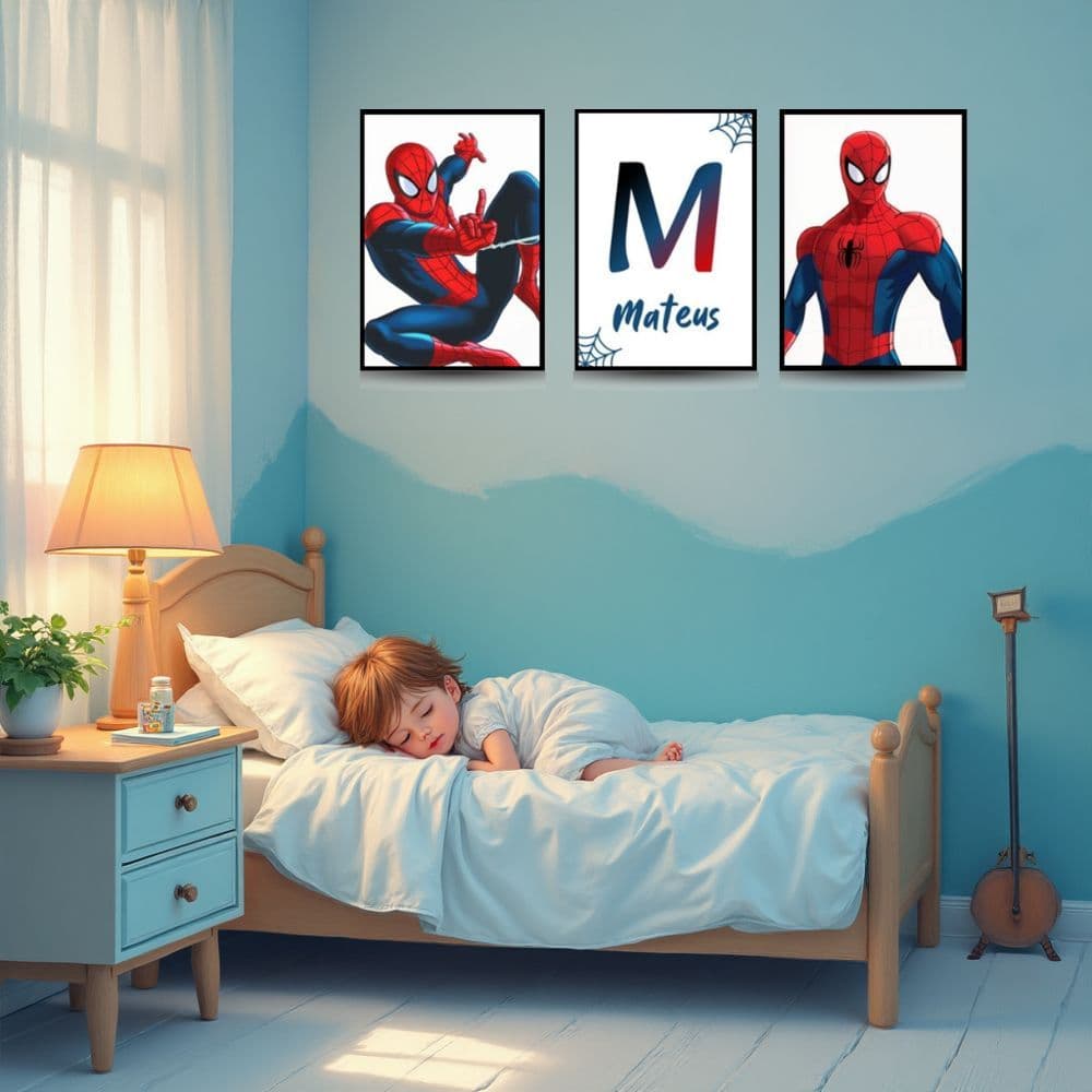 Quadros Decorativos Homem Aranha Com Nome Personalizado Infantil 3 Peças
