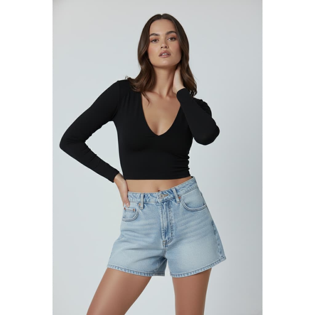 Cropped Feminino Decote V Simples Manga Longa