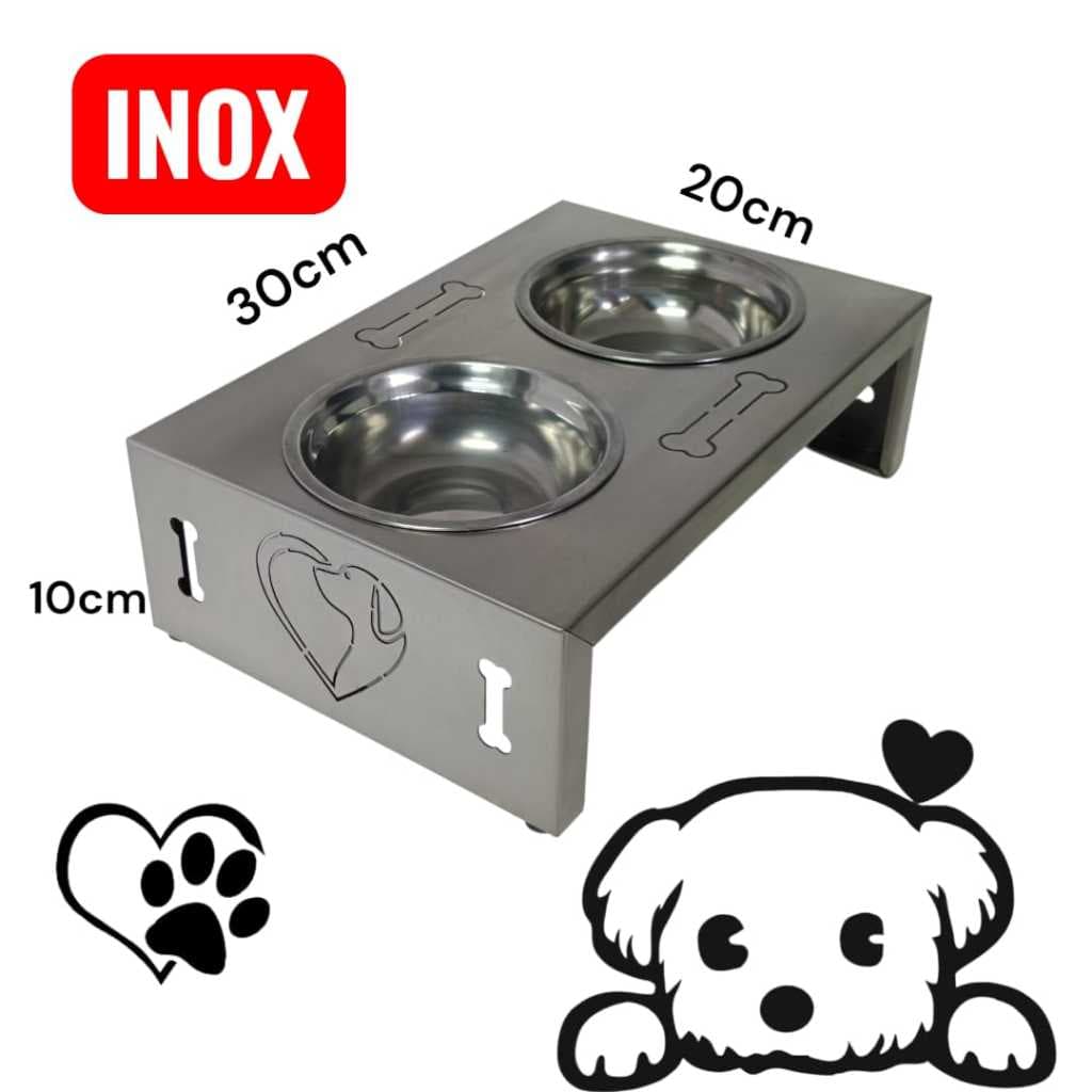 COMEDOURO ELEVADO EM INOX DUPLO CÃES