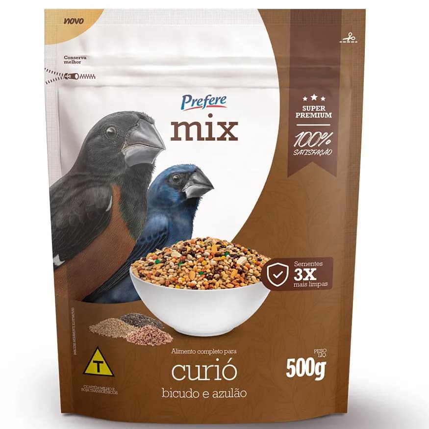 Ração Prefere SuperPremium Mix Curió Bicudo e Azulão 500g Sementes Selecionadas Alimentação Completa