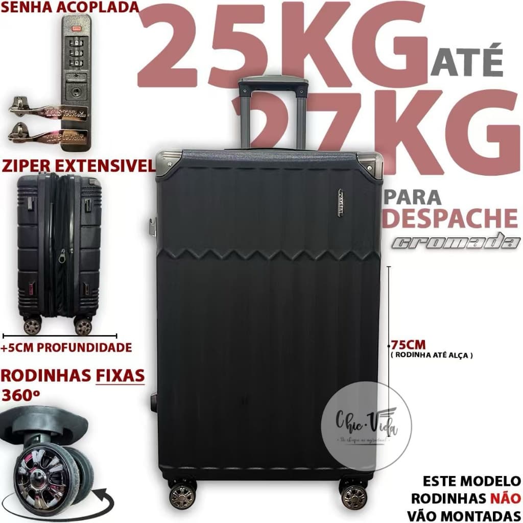 Mala De Viagem 23kg Zíper Duplo Expandir 5cm ABS Mala Viagem Expansível 23 kilos Com Roda 360