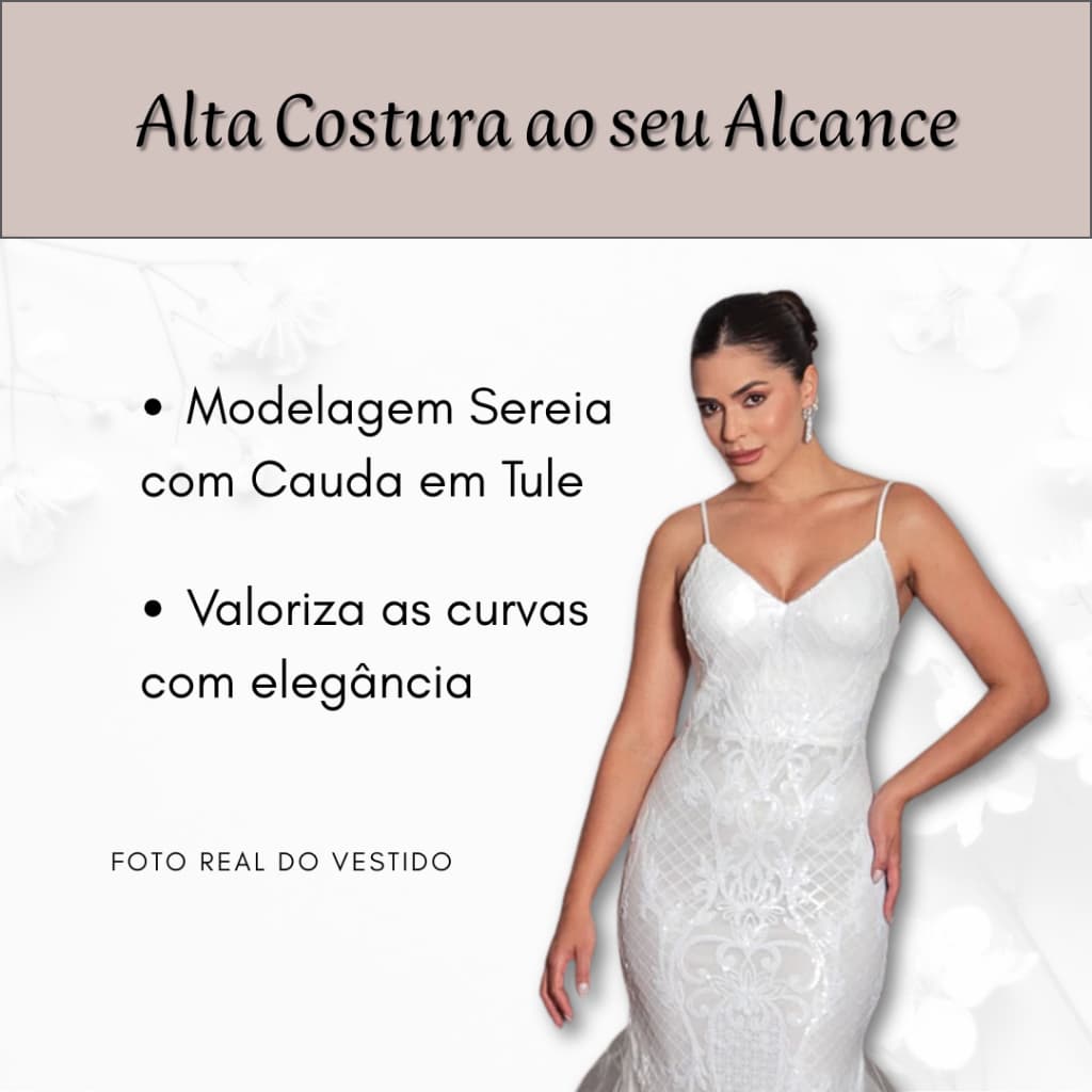 Vestido Noiva Branco Renda Sereia Casamento Luxo Elegante Longo Cauda Fina Feminino Sofisticado