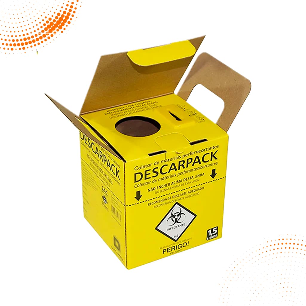Caixa Coletora 1,5L Descarpack Descarte Seguro de Agulhas Lâminas Seringa Materiais Perfurocortantes