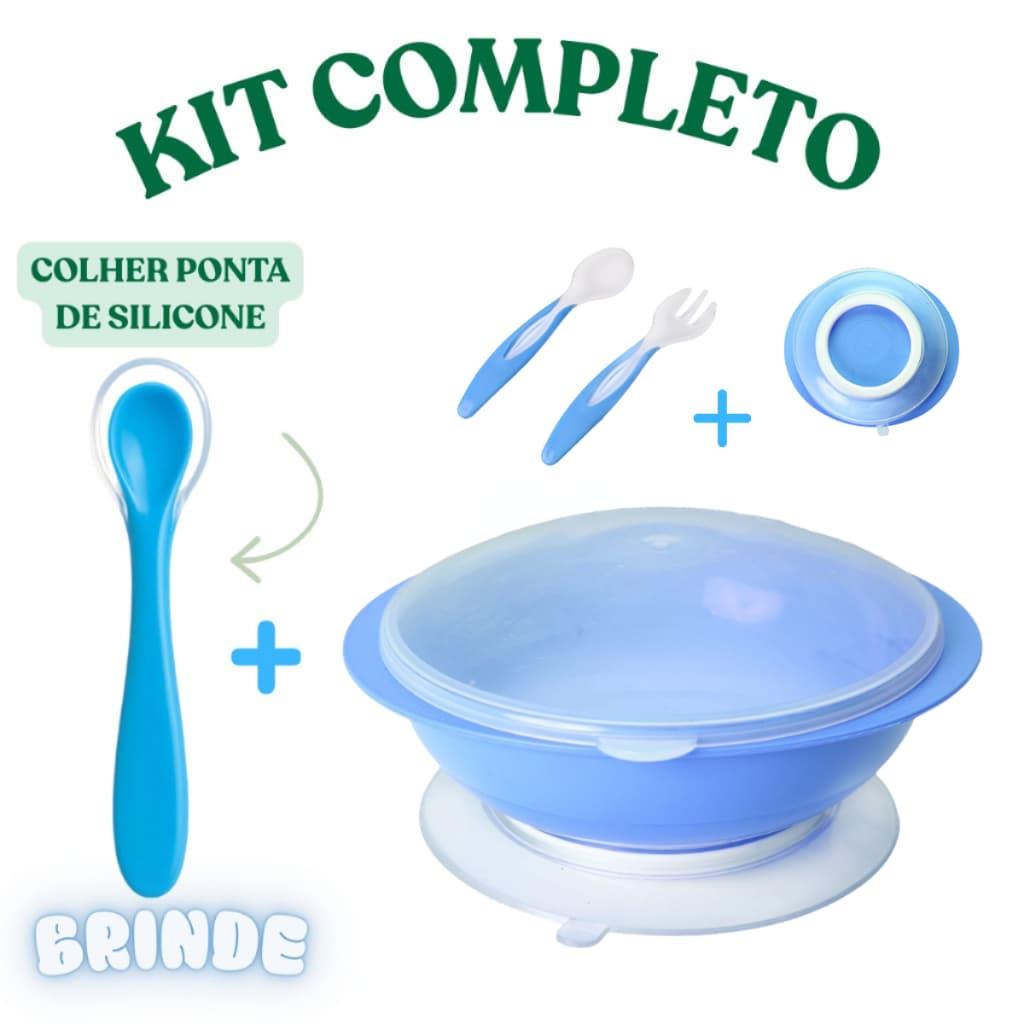 Pratinho Para Bebê c/ Tampa e Ventosa + Talheres de silicone
