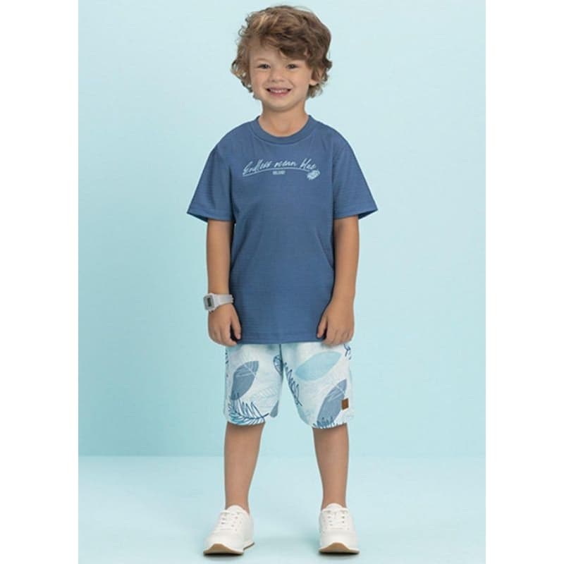 Conjunto Infantil Menino Ioluig Tamanho 3 | Conjunto Camiseta e Bermuda Folhagens Azul Ioluig