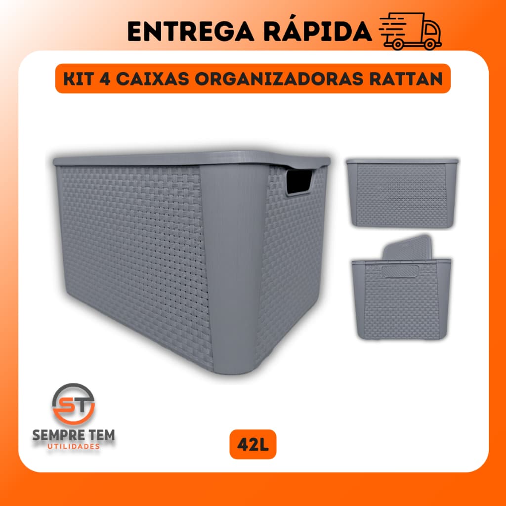 Kit 4 X Caixa Organizadora Rattan 42 Litros Grande Com Tampa Cesto Plastico Multiuso Brinquedo Roupa