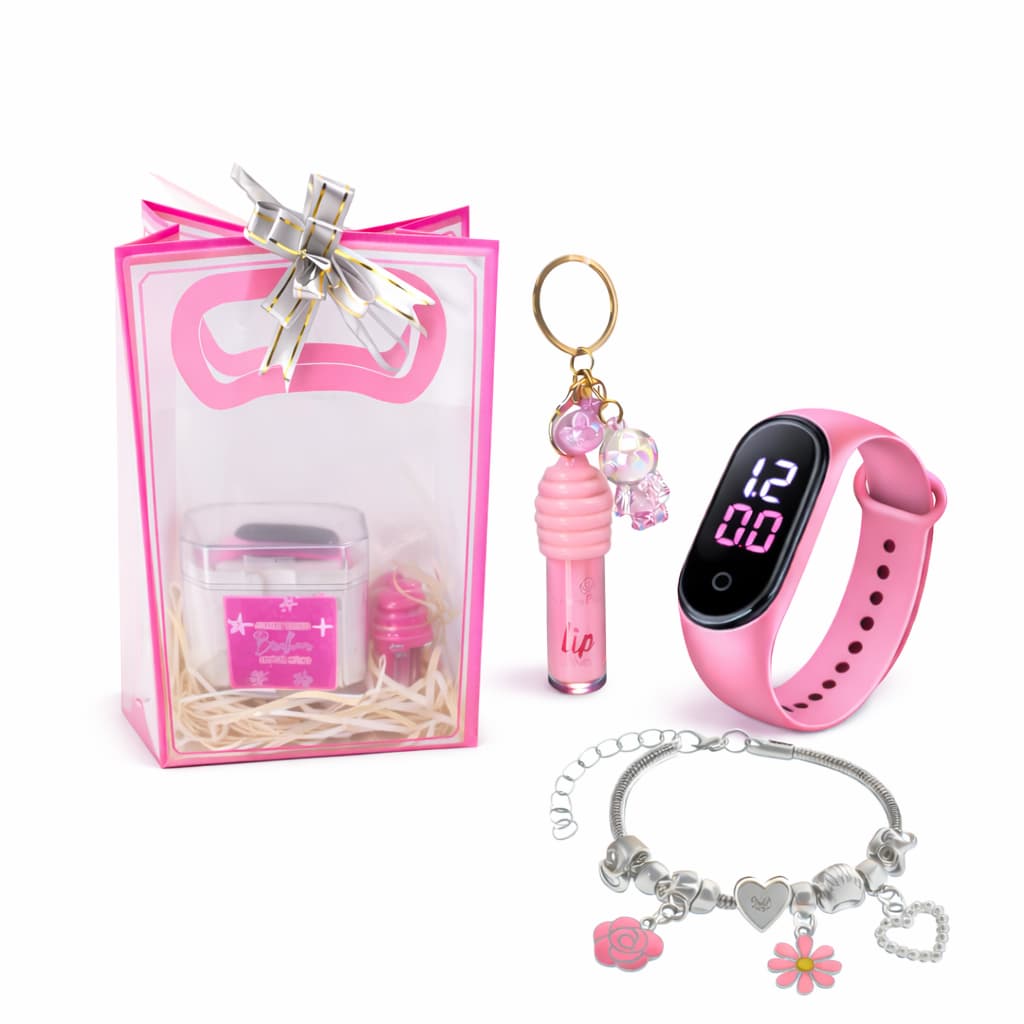 Kit Relógio Digital Infantil – Lip Gloss Chaveiro + Pulseira Berloque + Sacolinha - Presente Dia das crianças Meninas