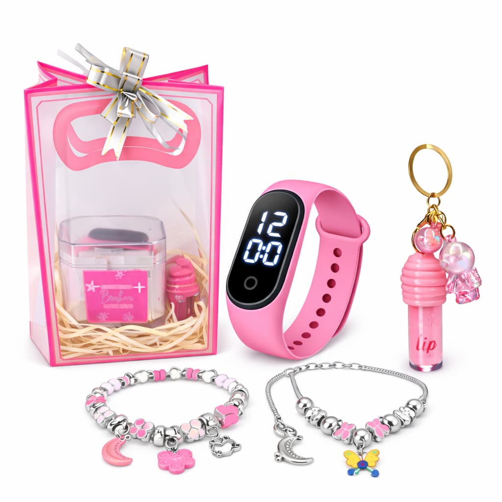 Kit Relógio Infantil Digital + Colar Pulseira Berloque + Lip Gloss c/ Chaveiro | Sacola Presente Meninas Dia das Criança