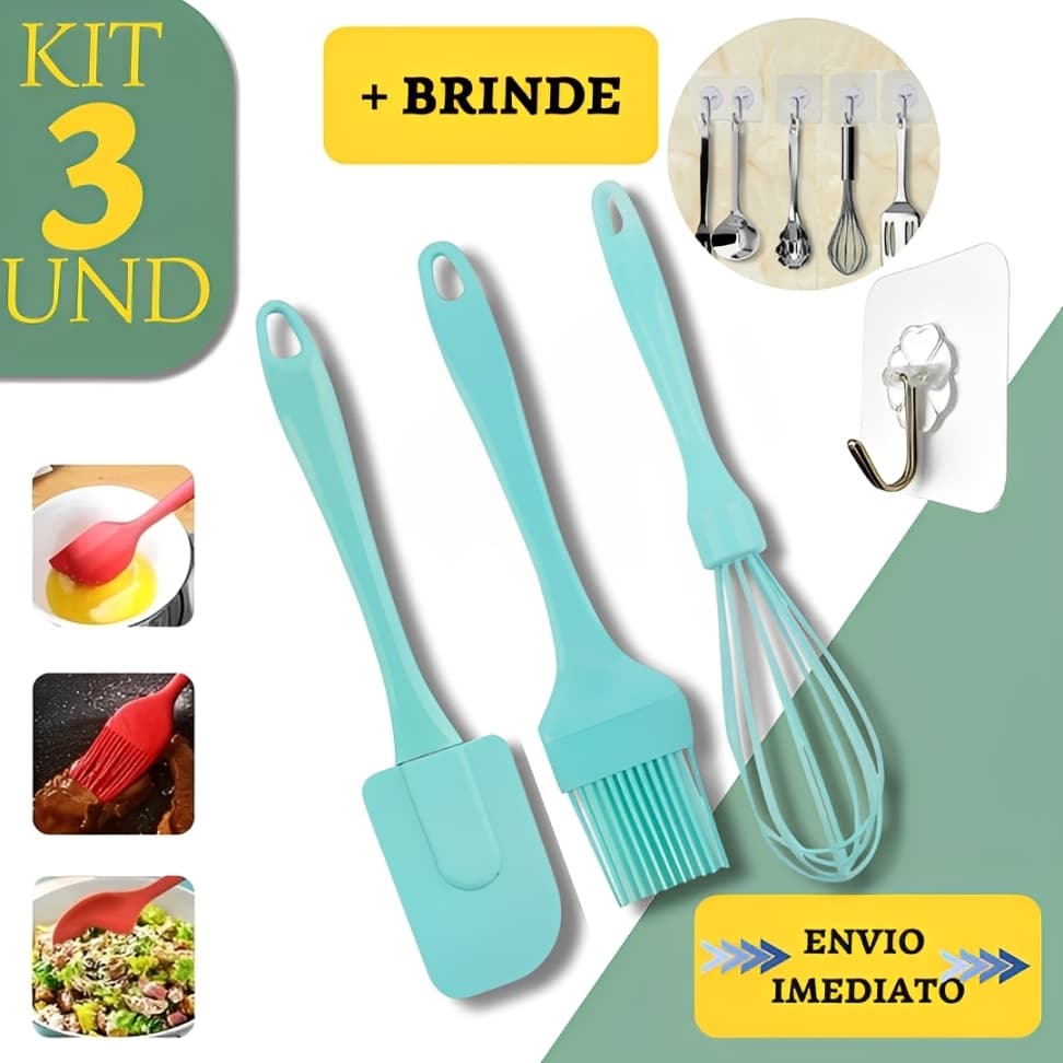 Kit 3 peças de Cozinha de silicone jogo de Utensílios Luxo– Fouet Pincel Espátula + Ganchos Adesivos Parede Fue