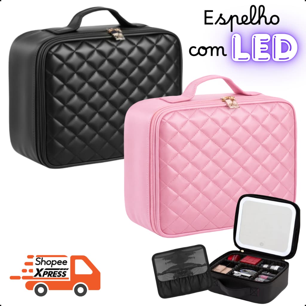 Maleta Bolsa Organizadora de Maquiagem com Espelho LED Portátil