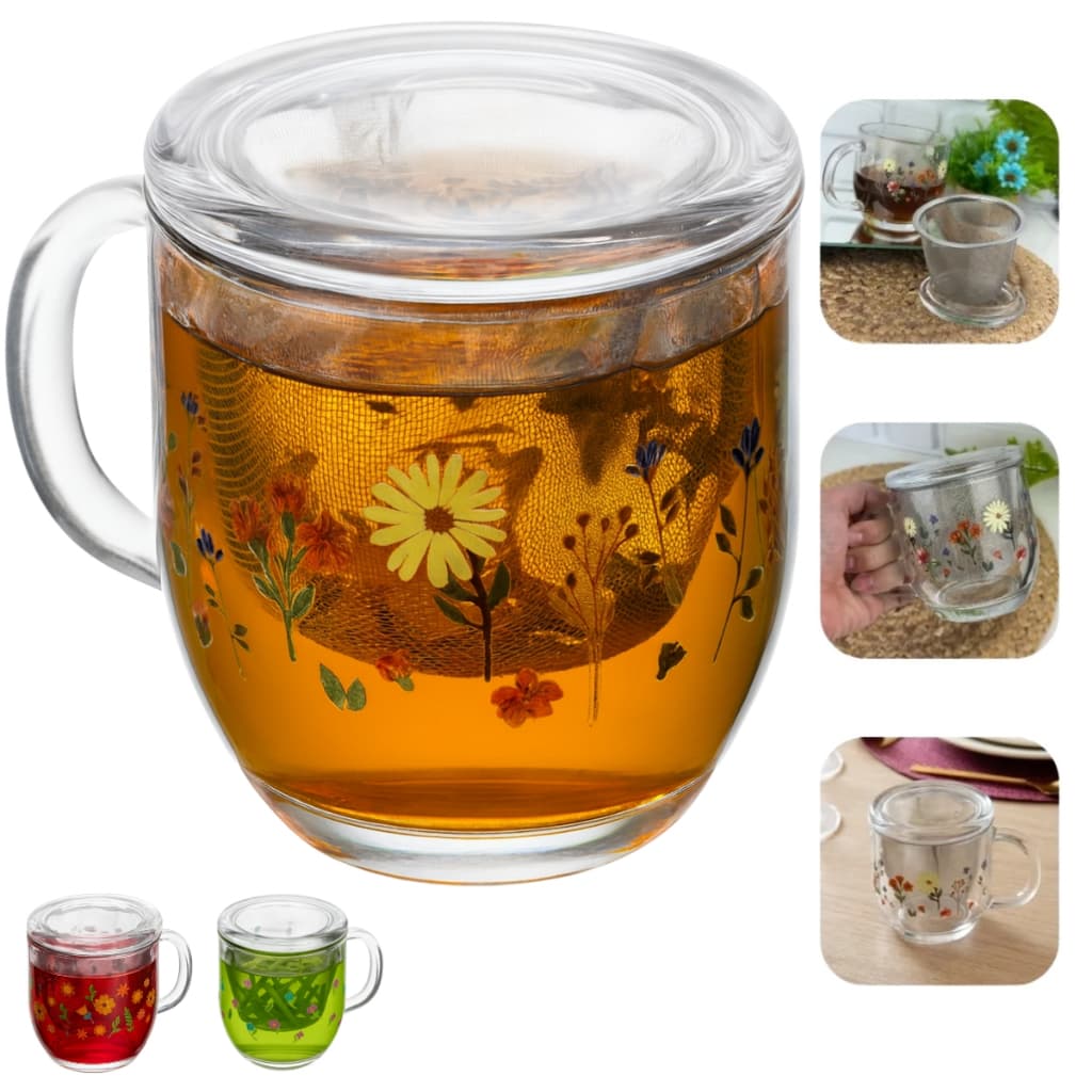 Caneca De Chá Com Infusor e Tampa Vidro 330ml Primavera Flores Luxo Incolor Lyor