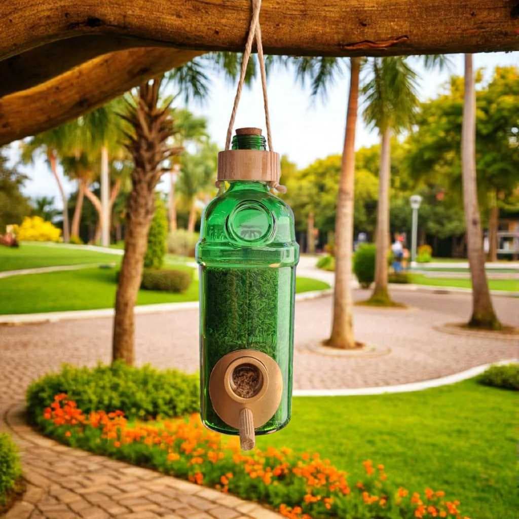 Comedouro Passarinho Garrafa Vidro Decoração Jardim Alimentador de Passaros Livres Tratador Grande