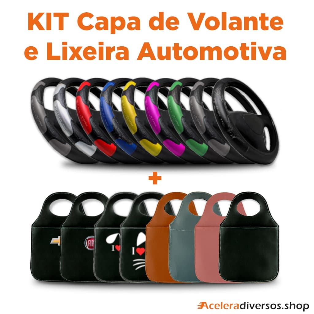 KIT AUTOMOTIVO CAPA DE VOLANTE UNIVERSAL (CORES E MARCAS) + LIXEIRA AUTOMOTIVA EM COURO PREMIUM