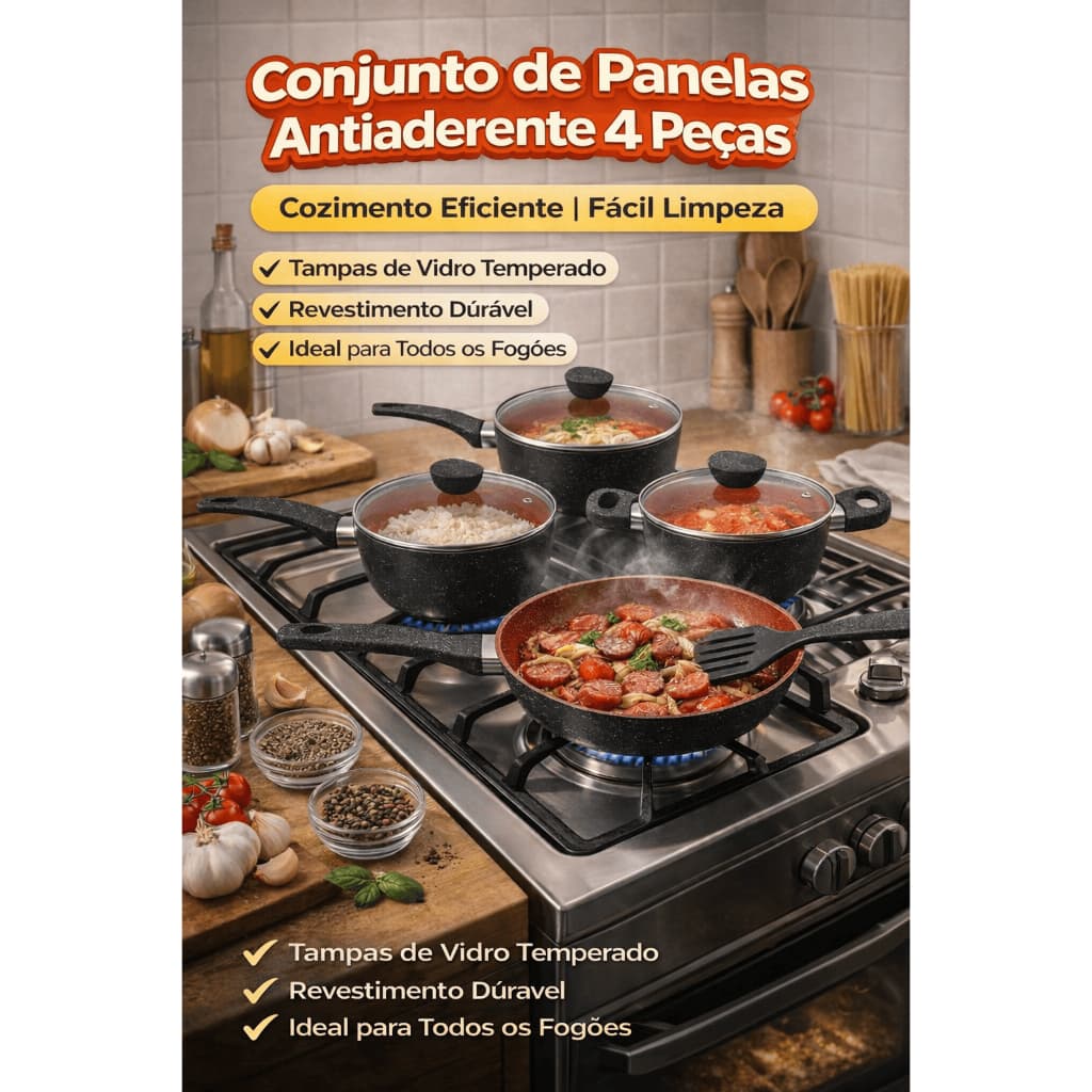 Conjunto de Panelas Antiaderente 4 Peças com Tampa de Vidro – Revestimento Durável, Fácil Limpeza, Design Moderno