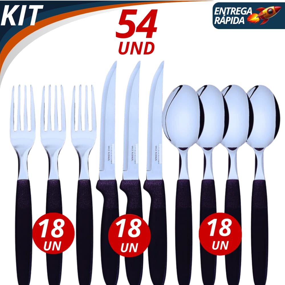 Jogo de Talheres 9/30/36/54 Peças Cabo Preto – Facas Garfos Colheres Inox – Kit Completo Resistente