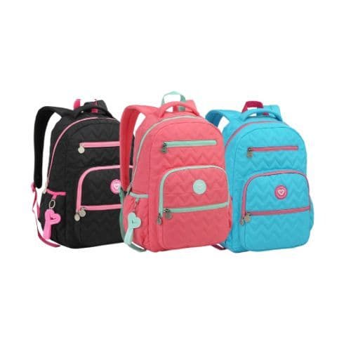 Mochila Feminina Color Up Seanite 18'' Polegadas nas Cores Preto Rosa Flamingo e Azul Turquesa