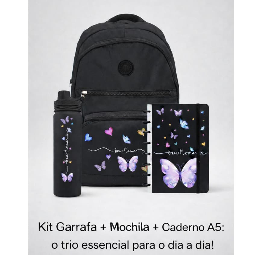 Kit Mochila + Caderno de Discos + Garrafa Personalizados - A combinação perfeita entre o místico e o moderno.