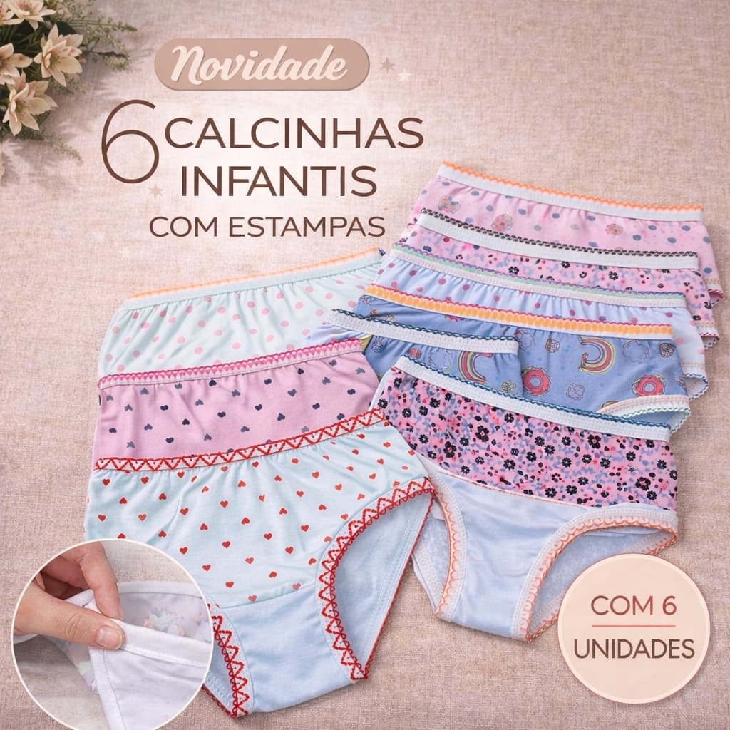 KIT 6 CALCINHAS INFANTIL 100% ALGODÃO CONFORTAVEL
