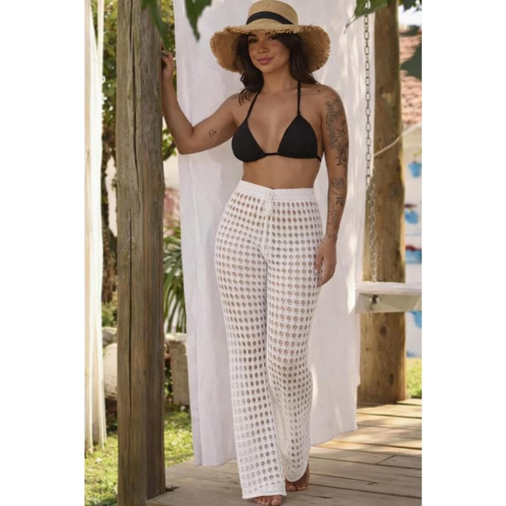 Calça Saída de Praia Feminina Sem Forro Tricot Pantalona com Elastico na Cintura Moda Verão Estilo Elegante