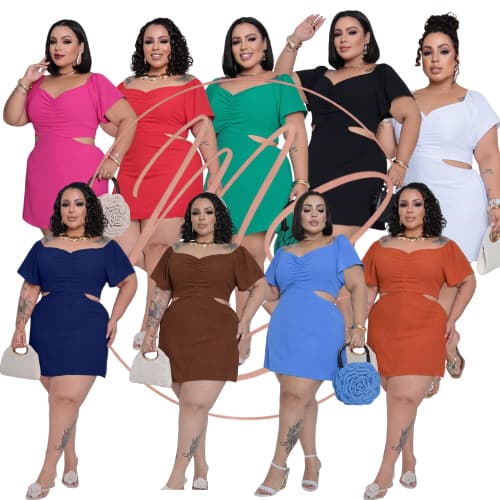 Macaquinho Manga Curta Plus Size Feminino Short Saia Plus Vestido Roupas Femininas Decote