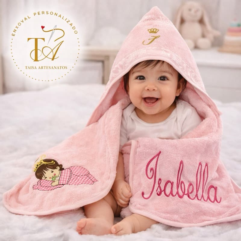 Toalha de Banho com Capuz Forrada com Fralda com Nome e Desenho Personalizado