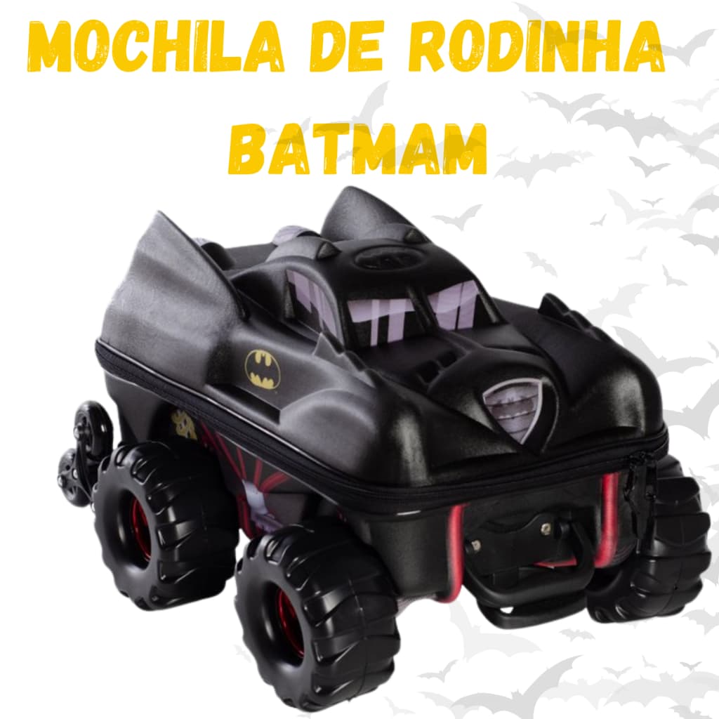 Mala  Infantil Carrinho mochila de Rodinhas  Batmovel Estilosa Preta para meninos. para escola, viagens e creche.