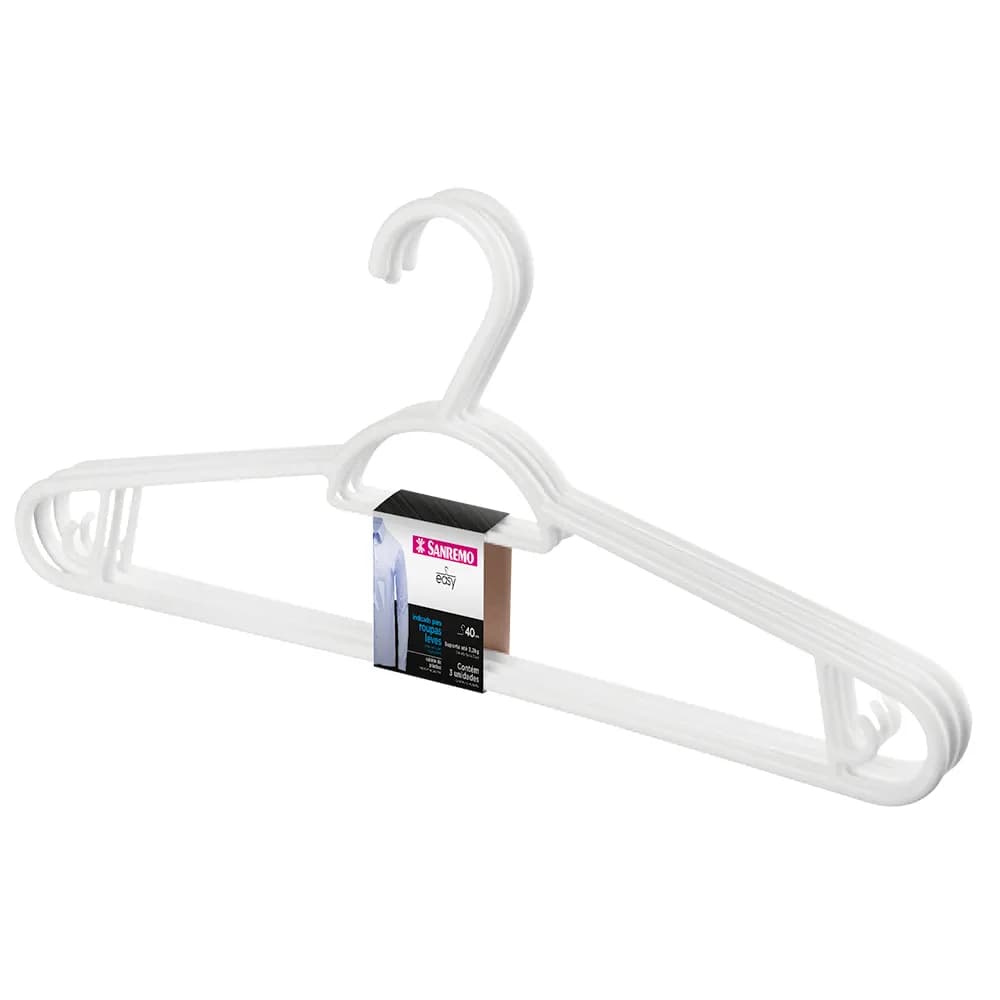 Kit 3 Cabides Plástico Adulto Pendura Mais Branco 40cm Easy Sanremo