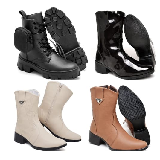 Bota texana feminina branca + bota texina feminina marrom + bota texana feminina preta + bota feminina bolsa removível