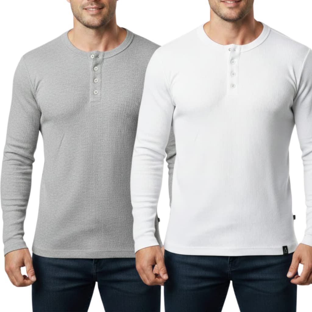 Kit 2 Camiseta Henley Masculina Slim Fit 4 Botões Manga Longa Conforto