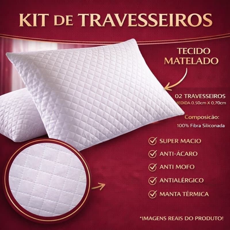 Kit 2 Travesseiros Matelado Médio Extra Firme 50x70 16cm Altura 180 fios Fibra Siliconada 70 X 50 Antialérgico