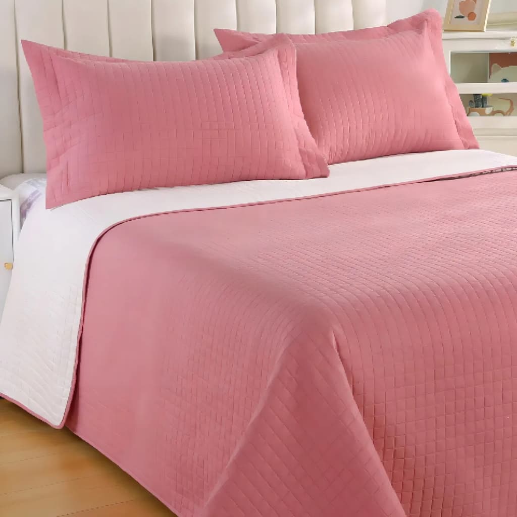 Kit Colcha Duo Grid Queen 3 Peças Sonhare Sultan Rosa / Off White
