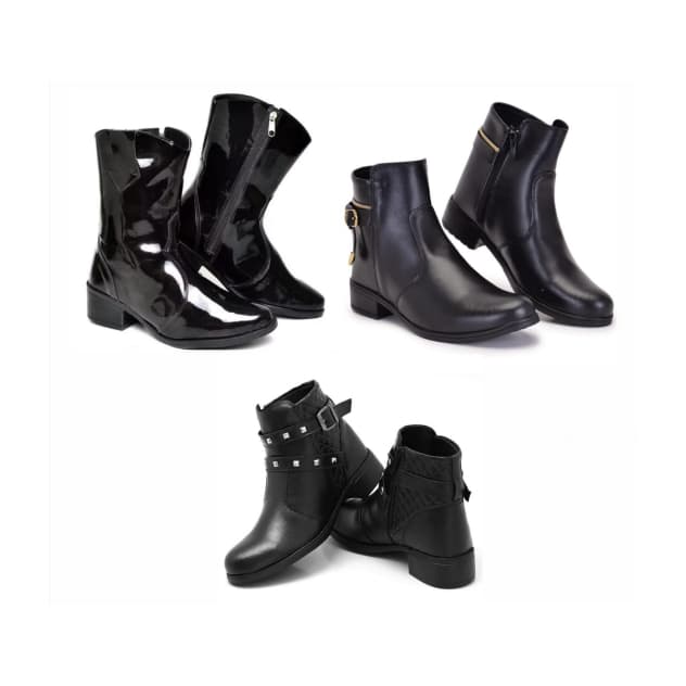 Bota feminina cano curto preto+ bota feminina cano curto com fivelas+ bota feminina de cano médio preta