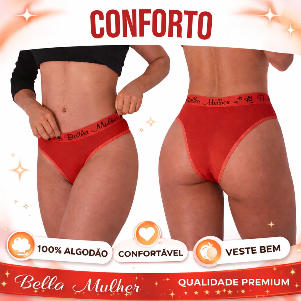 Kit 10 Calcinha Tanga Feminina Adulto em Algodão com Elástico Exposto Bordado Cós Alto