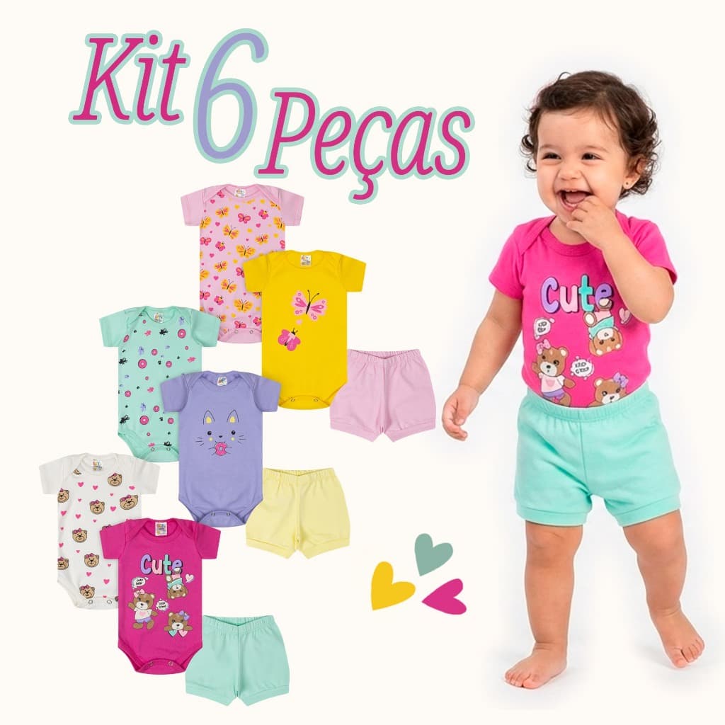 Kit 6 Peças Body Bebê Verão Manga Curta Shorts Feminino P ao 03 Anos Algodão - Lote 6 Peças - 2 Kits