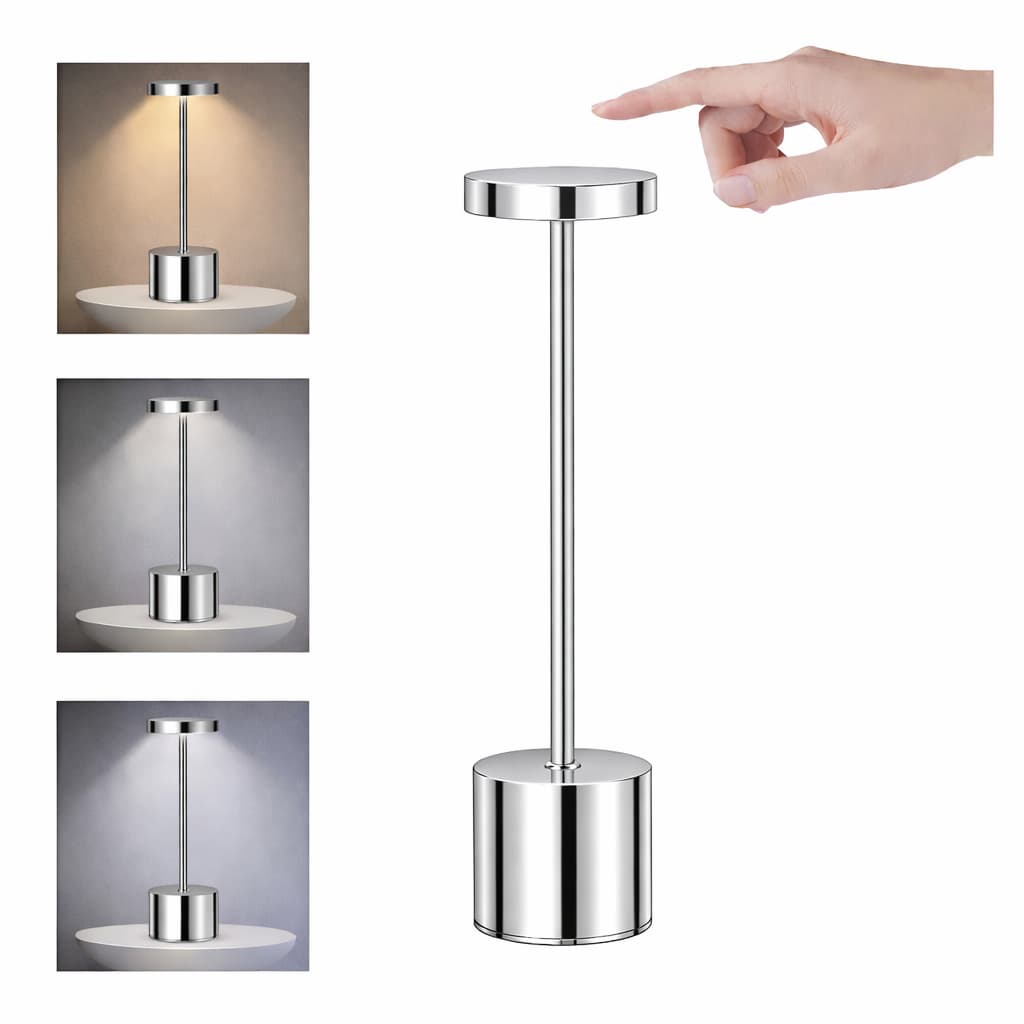 Luminária Mesa Abajur Touch Led Dimerizável Luz Decoração Sem Fio 3000k Recarregável Aço Escovado