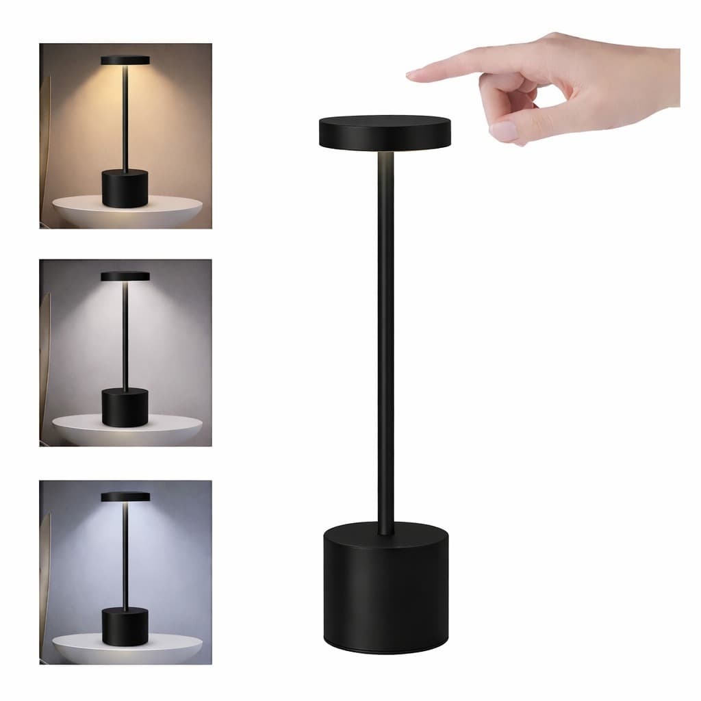 Luminária Mesa Abajur Touch Led Dimerizável Luz Decoração Sem Fio 3000k Recarregável Preto