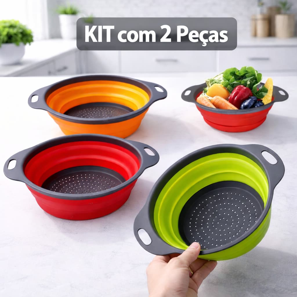 Escorredor Retrátil Kit 2 Peças de Silicone Dobrável Com Alça Macarrão Legumes Verduras Kit 2 Peças